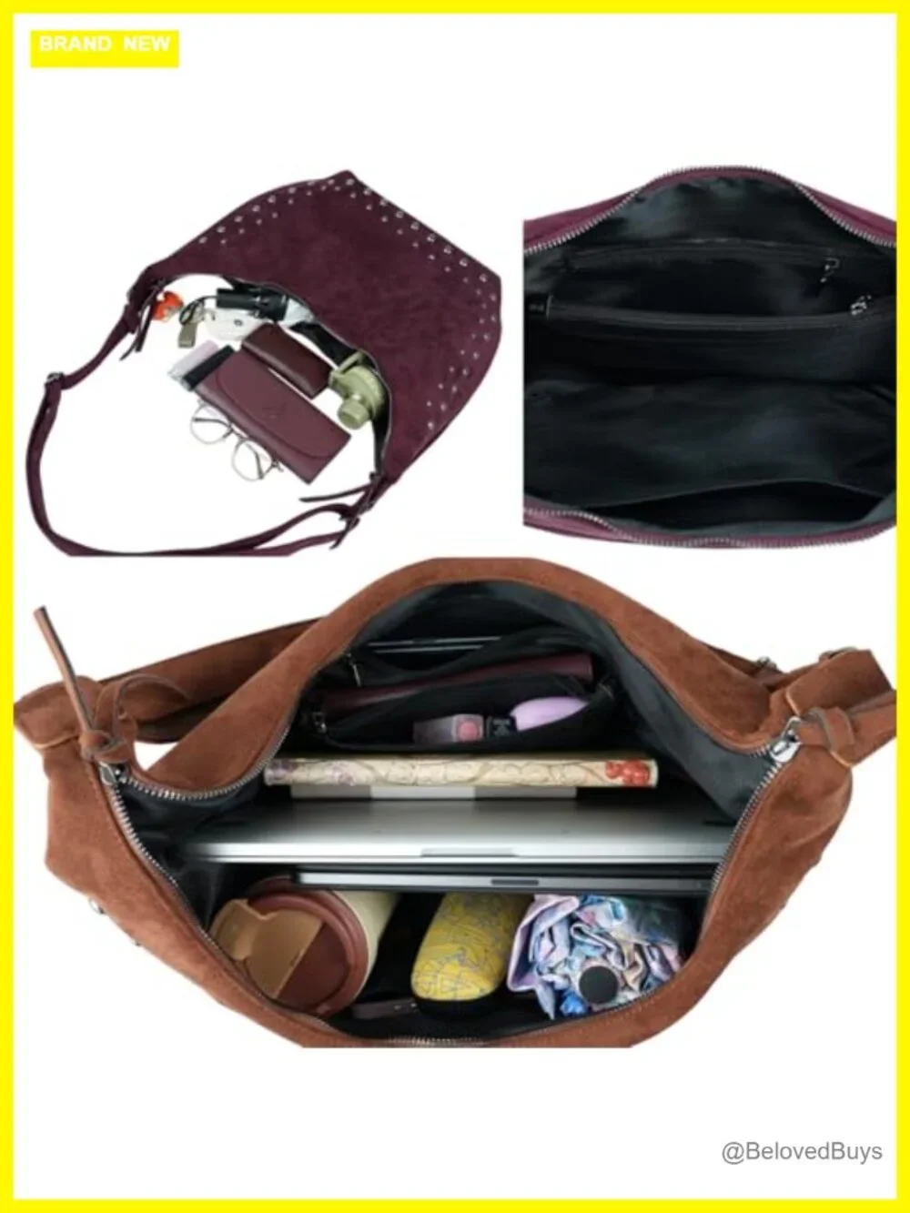 Vintage Faux Suede Studded Hobo Bag with Adjustable Strap